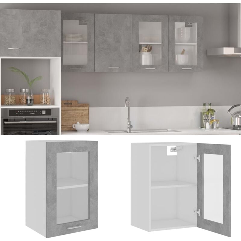 Armoire en verre suspendue Armoire de cuisine Meuble haut Cuisine Gris béton 40x31x60 cm Aggloméré 75349