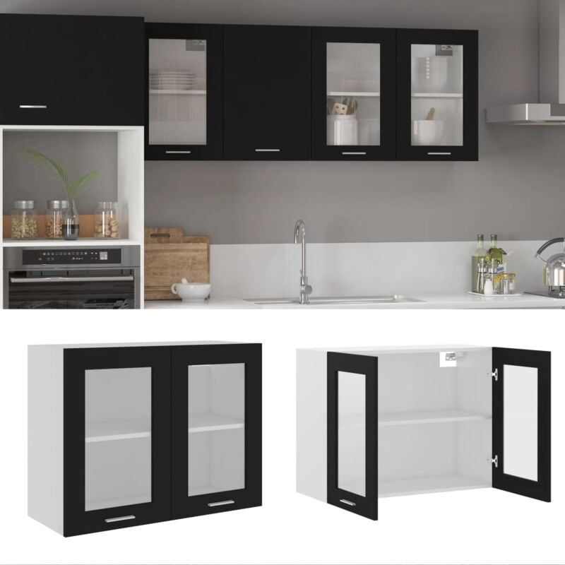 Armoire en verre suspendue Armoire de cuisine Meuble haut Cuisine Noir 80x31x60 cm Aggloméré 36011