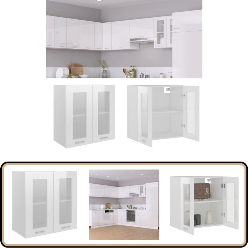 Armoire en verre suspendue Blanc brillant Bois d'ingénierie - Armoire De Cuisine - Meuble Suspendu - Rangement Cuisine - Armoire Vitrée - Blanc