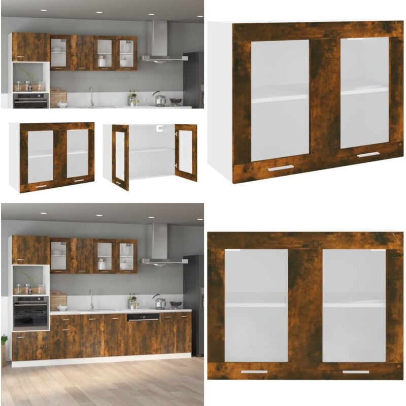 Armoire en verre suspendue Chêne fumé Bois d'ingénierie - Armoire Suspendue - Meuble De Cuisine - Rangement Mural - Armoire Murale - Bois
