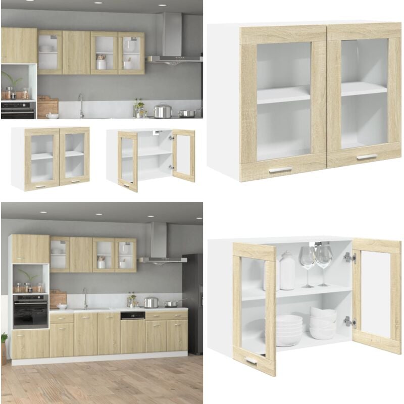Armoire en verre suspendue Chêne sonoma 80x31x60 cm Aggloméré - Armoire Suspendu - Vitrine Murale - Rangement Cuisine - Mobilier Chêne Sonoma