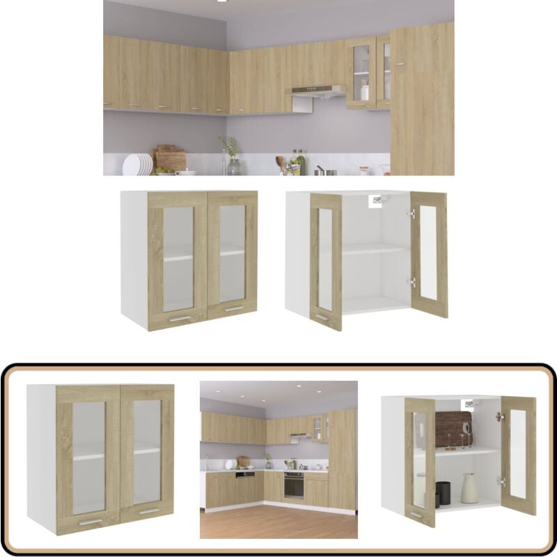 Armoire en verre suspendue Chêne sonoma Bois d'ingénierie - Armoire De Cuisine - Meuble Suspendu - Rangement Cuisine - Armoire Vitrée - Étagère
