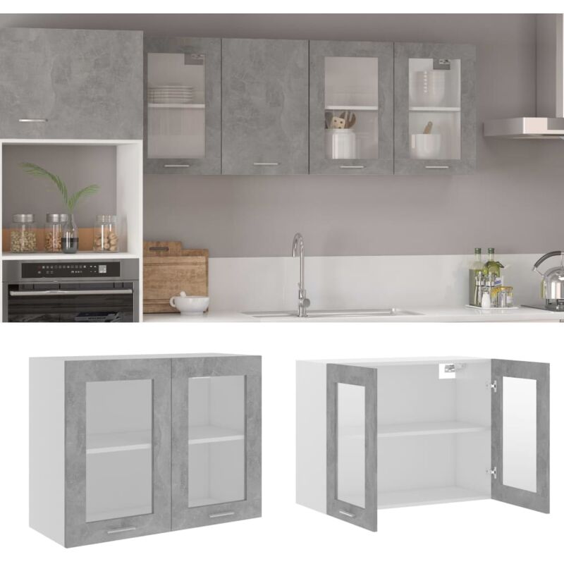 Armoire en verre suspendue Armoire de cuisine Meuble haut Cuisine Gris béton 80x31x60 cm Aggloméré 43927