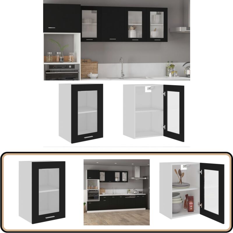 Armoire en verre suspendue Noir 40x31x60 cm Bois d'ingénierie - Armoire Suspendu - Meuble De Cuisine - Rangement Cuisine - Armoire Vitrée - Armoire