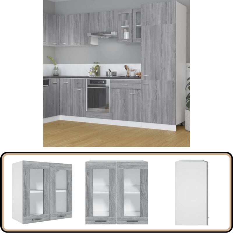 Armoire en verre suspendue Sonoma gris Bois d'ingénierie - Armoire Suspendue - Meuble De Cuisine - Rangement Cuisine - Étagères Murales - Armoire