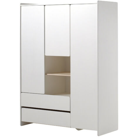 Armoire enfant 3 portes 2 tiroirs bois laqué blanc Kiddy