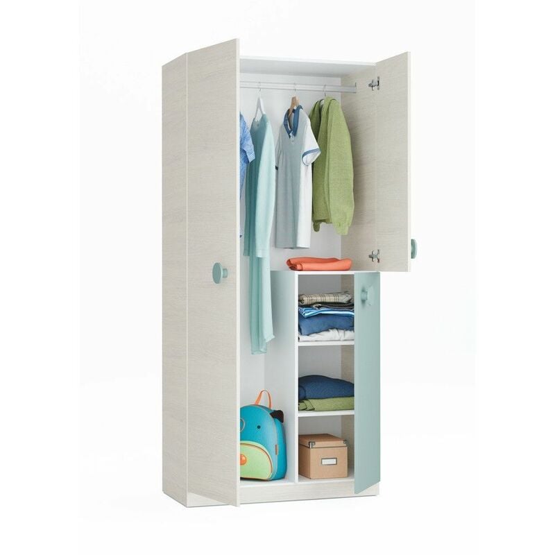 Snuba 0J7446Y armoire jeunesse trois portes 90 cm (largeur) x 200 cm (hauteur) x 52 cm (profondeur) - Blanc Alpes - Vert Aqua