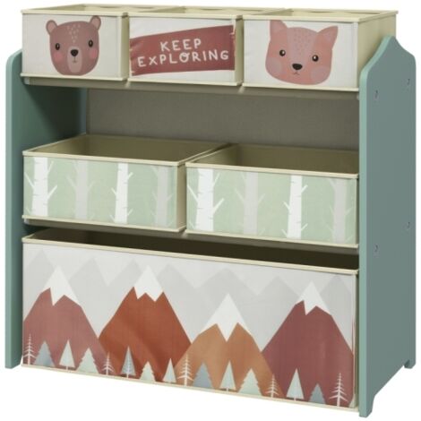 Armoire enfant 63x30x66 cm, avec 6 boîtes en tissu, motif mignon - Vert