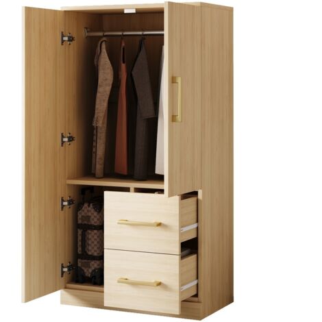 Armoire enfant 70x40x135 cm, design double porte avec tiroirs et compartiments, couleur bois, rangement pratique et élégant