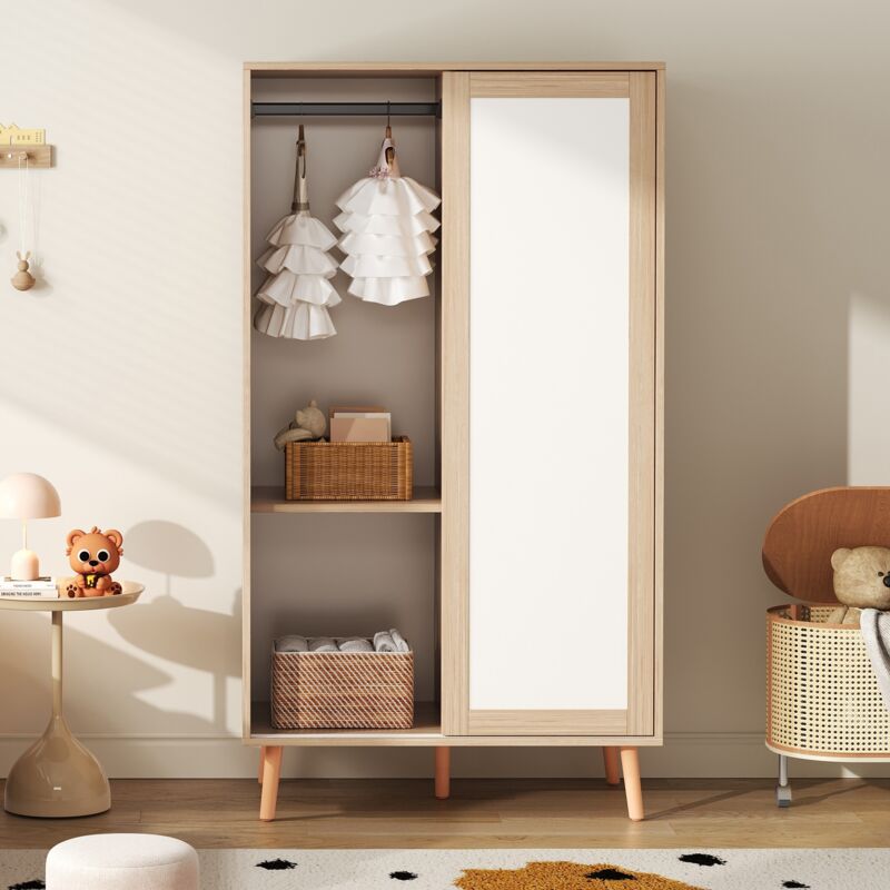 Armoire enfant 80x46x141.5 cm - Tringle à vêtements - 2 portes coulissantes - Pieds en bois massif - Blanc+naturel