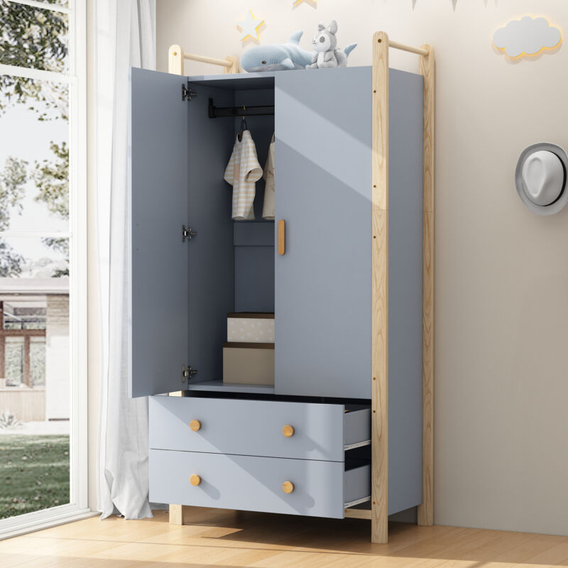 Armoire enfant 89.6x44x180.5 cm - 2 tiroirs et 2 portes - 1 tringle à vêtements - Structure en pin - Bleu+naturel