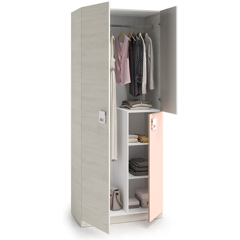 armoire enfant avec 2 portes coloris blanc alpes / rose - 90 cm (longueur) x 200 cm (hauteur) x 52 cm (profondeur)