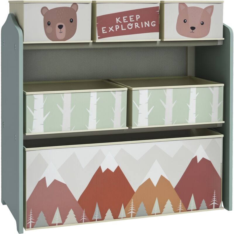 Armoire enfant avec 6 bacs en tissu, motif mignon, dimensions 63x30x66 cm, couleur verte