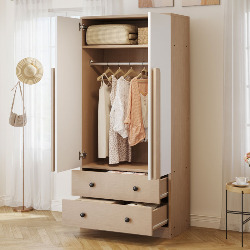 Armoire 70x40x170cm, avec 2 tiroirs de rangement, design à double porte, armoire pour enfants, blanc+naturel