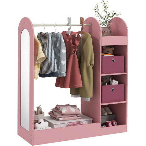 Armoire enfant en MDF rose avec miroir, étagères et boîtes de rangement 92x36x106 cm
