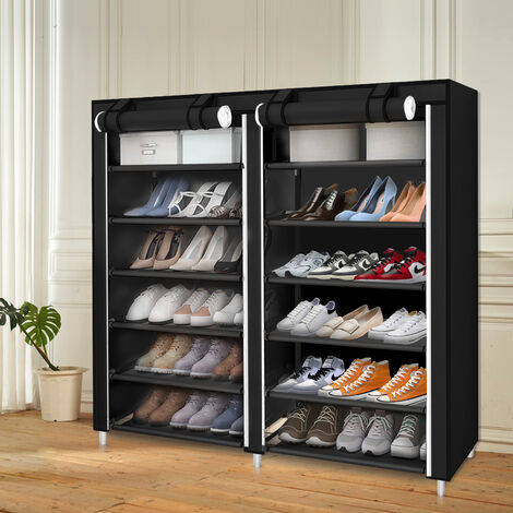 Armoire étagères à chaussures 12030110cm 2 colonnes 6 couches en tissu- anti-poussière Noir
