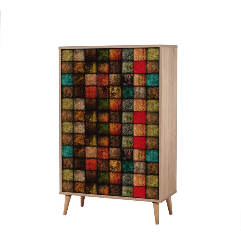 Cotecosy – Buffet haut 2 portes en bois clair damier multicolore – Dimensions L 80 x H 127 x P 36 cm – Panneaux mélaminés et métal – Rangement élégant