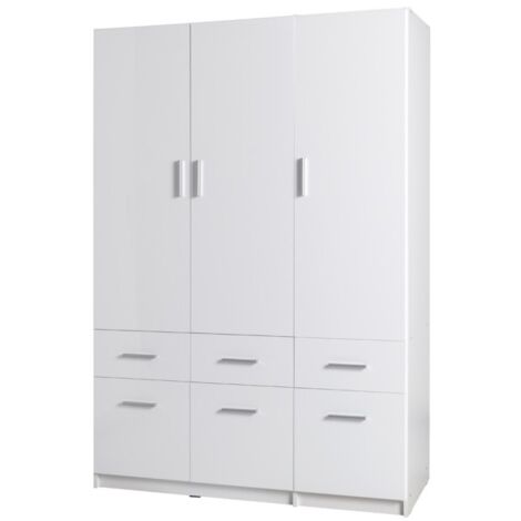 Armoire FLEX – 3 portes et 6 tiroirs – Blanc brillant – Penderie + étagères