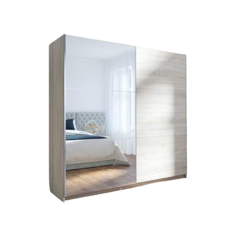 Meublorama - Armoire, garde robe 2 portes coulissantes avec miroir - chêne sonoma - Collection arsala