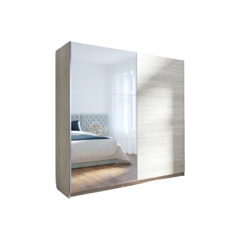 Armoire, garde robe ARSALA 200 cm deux portes coulissantes. Dressing complet avec miroir, penderie et étagères. Type scandinave - Marron