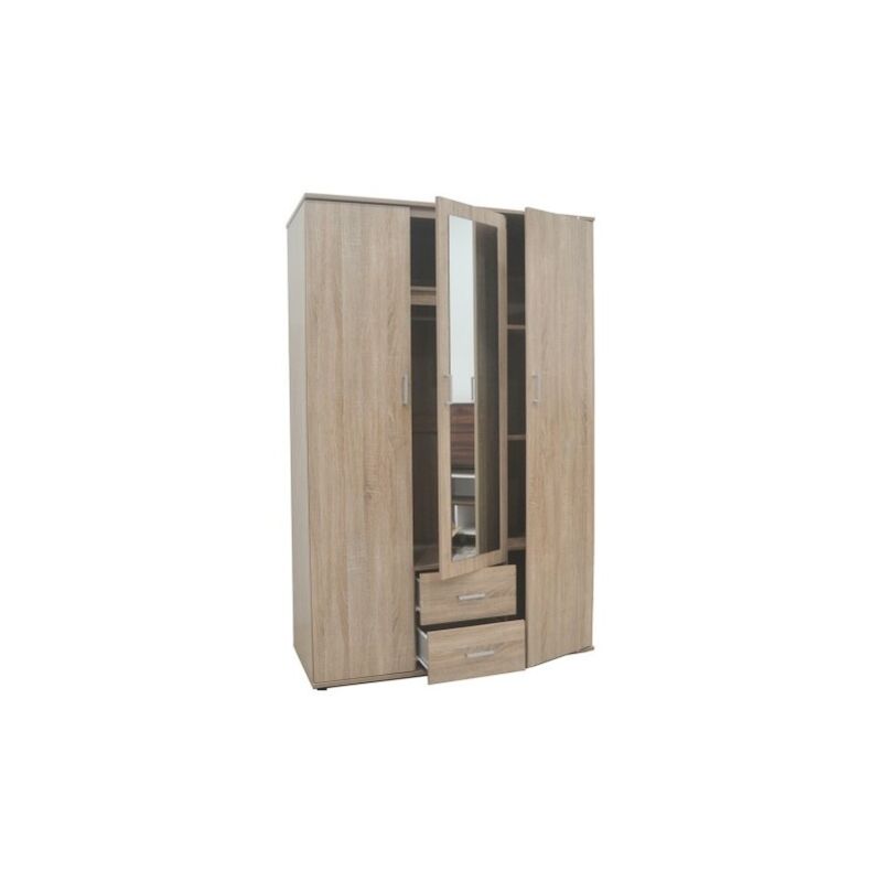 Meublorama - Armoire, garde-robe, avec miroir collection tom, 3 portes 120 cm, penderie intégrée chêne sonoma