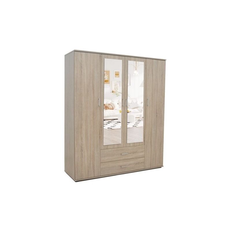 Meublorama - Armoire, garde-robe, avec miroir collection tom, 4 portes 160 cm, penderie intégrée chêne sonoma