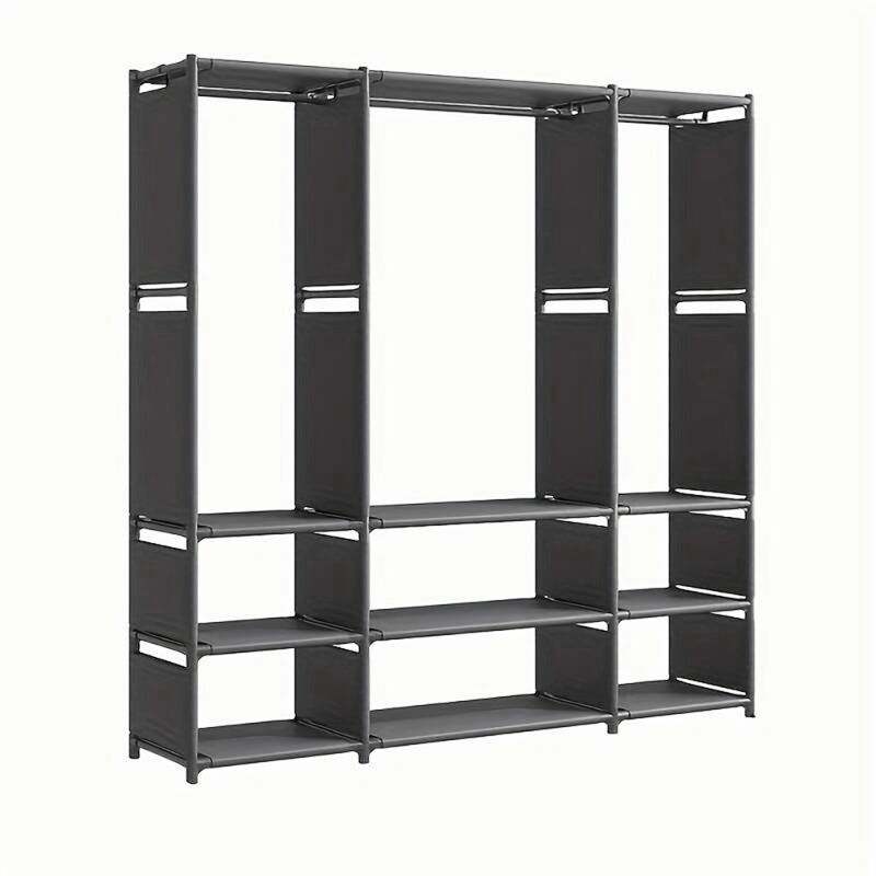 Armoire Garde-robe en Tissu Étagère Camping 9 Étagères Barres de Penderie Couleur: Noir
