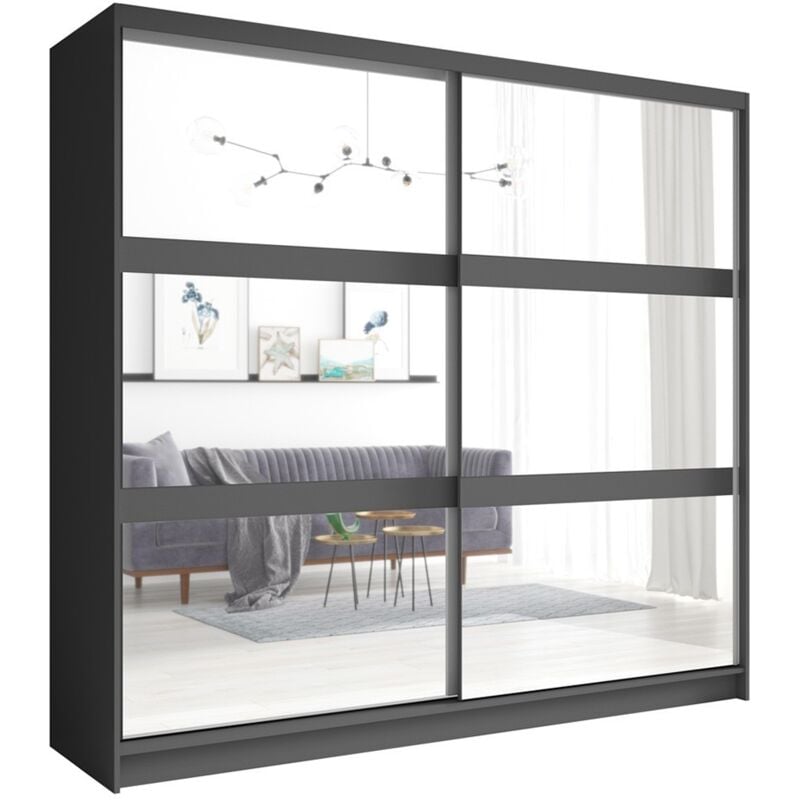 Meublorama - Armoire 2 portes coulissantes avec miroir 230 cm - gris graphite - Collection nofi