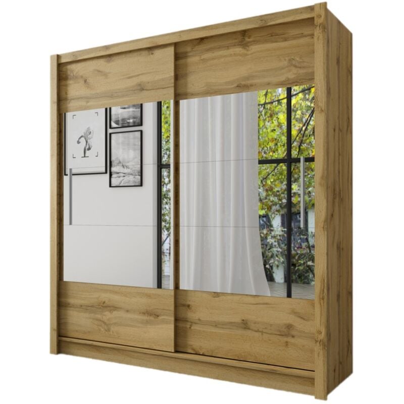 Meublorama - Armoire, garde-robe rome 180 cm deux portes avec miroir, dressing complet avec penderie et étagéres, chêne wotan