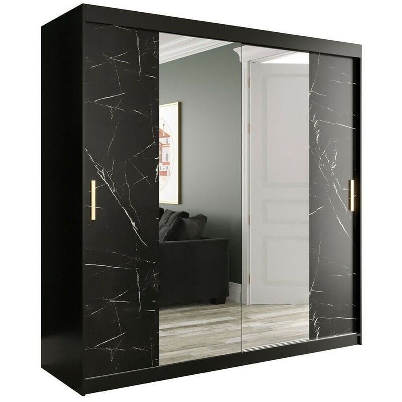 Mobilier1 - Armoire Hartford 256, Noir mat + Marbre noir, 200x200x62cm, Portes d'armoire: Coulissantes, Nombre d'étagères: 0
