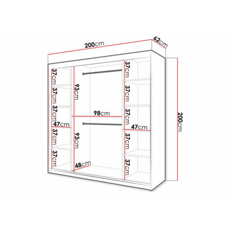 Armoire Hartford 403, Noir, 200x200x62cm, Portes d'armoire: Coulissantes, Nombre d'étagères: 9
