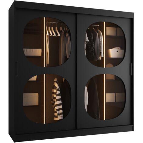 Armoire Hartford 531, Noir, 200x200x62cm, Portes d'armoire: Coulissantes, Nombre d'étagères: 9, LED