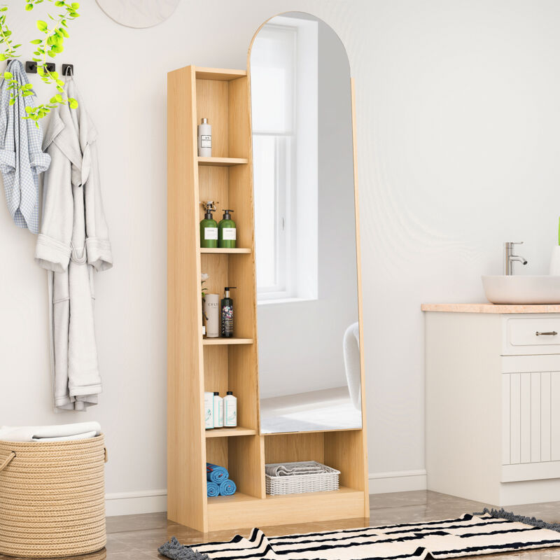 Armoire haute avec miroir, rangements et étagères réglables H165 x L60 x P28 cm, MDF, naturel