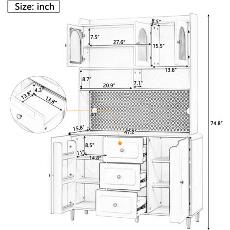 Armoire haute avec plancher perforé et pieds en bois massif. Armoire de rangement pour les plats, armoire à vaisselle avec des tiroirs. Idéale pour la cuisine et le salon. Couleur blanche.