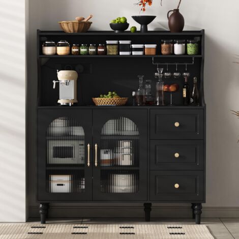Armoire haute avec prises et tiroirs, meuble bar avec porte-verres à vin et espace de rangement, buffet de cuisine avec étagères réglables, idéal pour la cuisine et la salle à manger (noir)