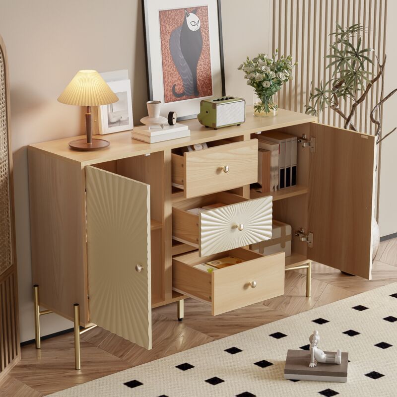 Armoire haute, buffet, longueur 123,5 cm, armoire 2 portes avec 3 tiroirs et design unique en forme de rayon de soleil