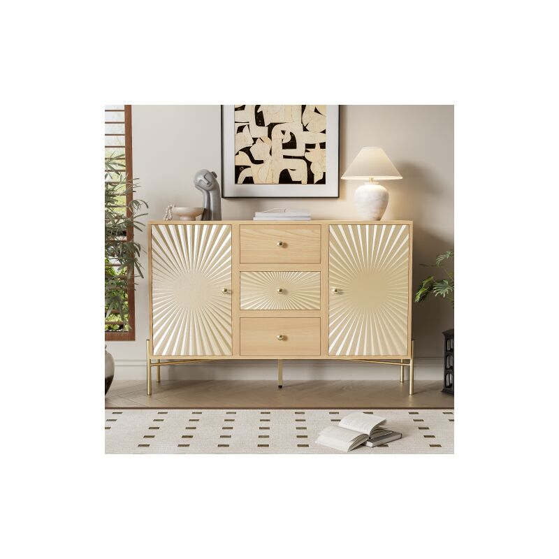 Armoire haute, buffet, longueur 123,5 cm, armoire à deux portes avec 3 tiroirs et design solarium unique