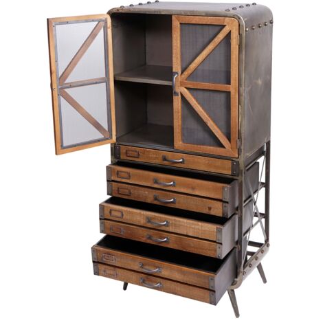 Armoire haute buffet meuble de salon en bois de sapin et métal design industriel 128 x 60 x 33 cm marron-noir 040005758