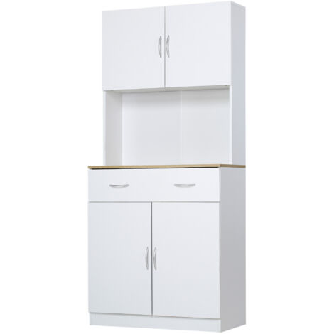 Armoire haute cuisine, 2 portes, tiroir, étagères réglables, 80x40x180 cm, blanc