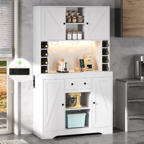 Armoire haute cuisine et à vin 180×105×40 cm. Étagères réglables,tiroir,porte-verres,éclairage LED et prises.