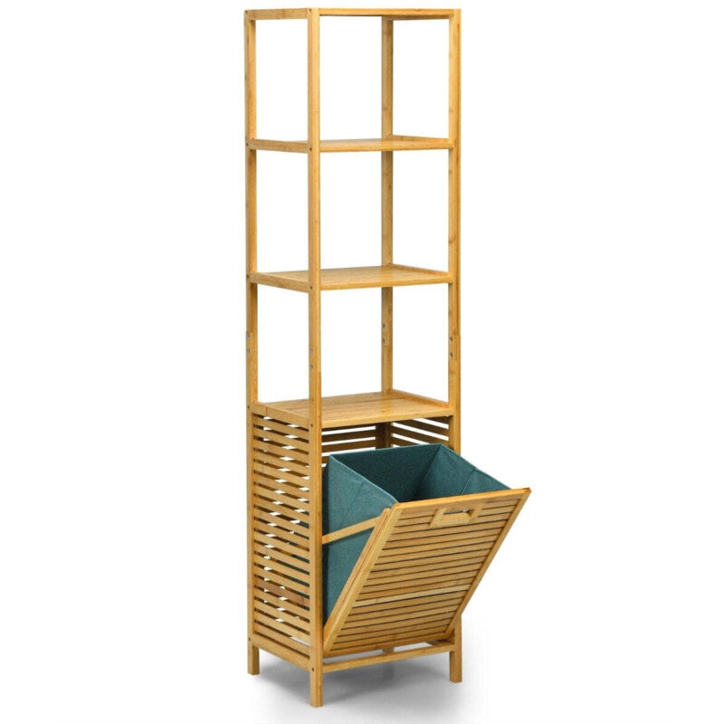 Armoire haute de salle de bain avec panier a linge en bambou avec etageres ideale pour salle de bain 40 x 33 x 160 cm naturel
