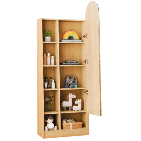 Armoire haute en panneau de bois aspect naturel, porte miroir et penderie avec étagères réglables, multifonction pour entrée et salle de bain
