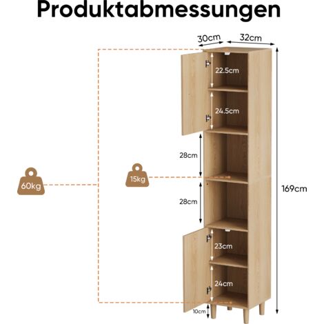 Armoire haute étroite en style chêne,dédiée machine à laver et salle de bain. Portes et étagères ouvertes,adaptée buanderie,balcon et cuisine.