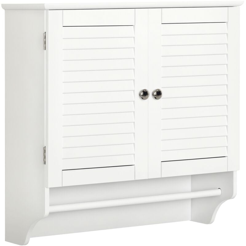 Kleankin - Armoire haute murale salle de bain ou wc - placard 2 portes persiennes avec étagère - porte-serviette - mdf blanc