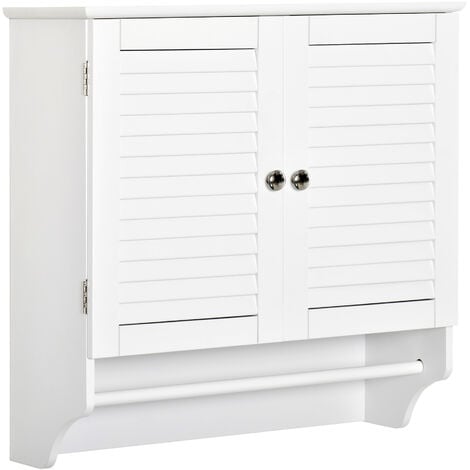 Armoire haute murale salle de bain ou WC - placard 2 portes persiennes avec étagère - porte-serviette - MDF blanc - Blanc