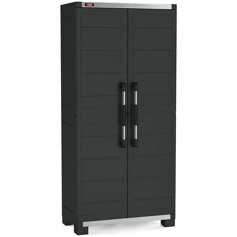 Keter – Armoire haute en plastique 4 étagères renforcées 88x45x181H cm – Résistante aux intempéries – 2 portes avec charnières métalliques – Garage Keter – Armoire haute en plastique 4 étagères renforcées 88x45x181H cm – Résistante aux intempéries – 2 portes avec charnières métalliques – Garage