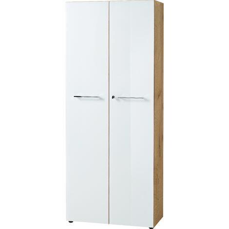 Armoire haute,classeur en panneau de particules mélaminé/verre trempé blanc-Longueur 80 x Profondeur 37 x Hauteur 196 cm -PEGANE-