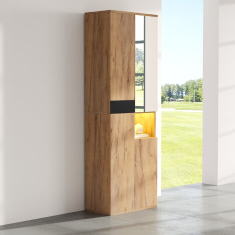 Armoire hauteur 1900 cm 4 portes avec miroir et niche ouverte — 12 compartiments, noir et naturel, panneau de particules