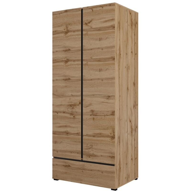 Meublorama - Armoire havana 90 cm – Chêne et noir – 2 portes + 1 tiroir – Rangement compact au style naturel
