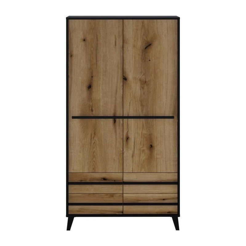 Armoire HEKA 2 portes + 4 tiroirs - Décor noir et chene - L100 x P50 x H180 cm - Fabriqué en Espagne